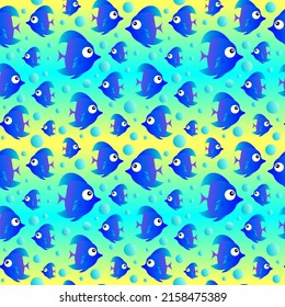 Blue cartoon fish on bright blue background seamless pattern. Vector illustration.