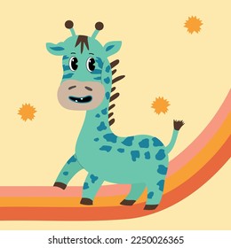 Blue cartoon giraffe. Grovy child vector illustration