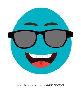 blue cartoon happy face with black sunglasses and open mouth over isolated background,vector illustration 