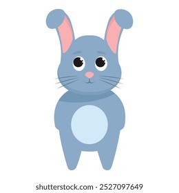 Blue cartoon hare with long ears, big eyes and a pink nose, standing on two legs