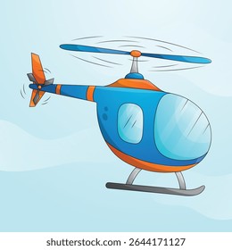 Blue cartoon helicopter flying in the sky. Rotor vehicle, modern passenger aircraft and transportation services. Side view flat helicopter illustration.