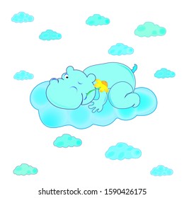 Blue cartoon hippo on a cloud with a flower in his mouth. Vector illustration for baby clothes.