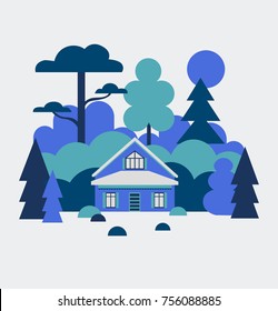 Blue cartoon house in the forest. Vector illustration