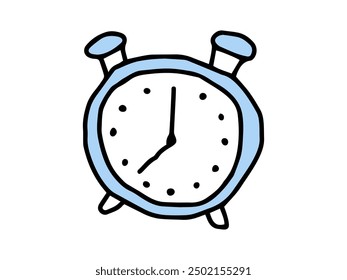 Ilustración de dibujos animados azules de un reloj despertador analógico aislado en un fondo blanco. Concepto de gestión del tiempo, puntualidad, estilo minimalista, rutina diaria. Imprimir, elemento de diseño. Regreso a la escuela.