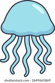 A blue cartoon jellyfish with wavy tentacles, ideal for ocean or marine-themed designs.