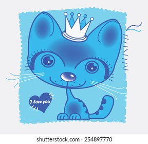 blue cartoon kitten on a light blue background vector