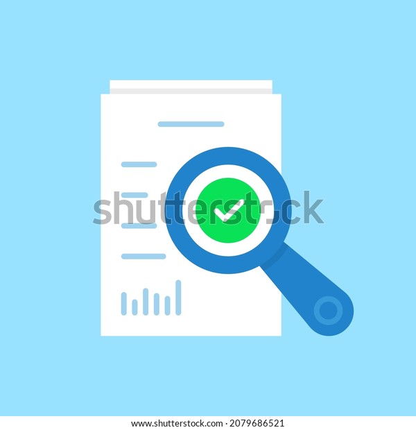 blue cartoon loupe like simple assessment icon.\
concept of analyze project or market regulatory or bank statement\
list or paperwork performance. flat trend assesment logotype\
graphic design element