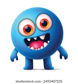 Blue Cartoon monster cute happy monsters halloween with big bulging eyes, smiling with teeth and fangs