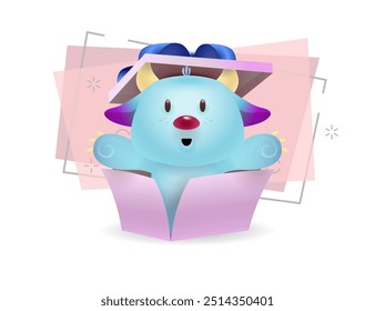 Blue cartoon monster in gift box illustration. Horns, cute creature, present. Christmas concept. Vector illustration can be used for topics like kids, birthday, New Year