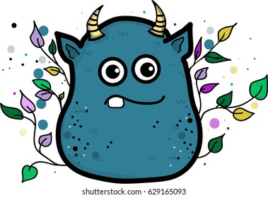 Blue cartoon monster with leaves. Vector art