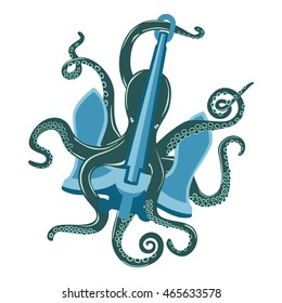 Blue cartoon octopus with suction cups and curvy arms around ocean anchor. Underwater mollusk and spineless cuttlefish, sea cephalopod and nautical squid with feeding tentacles. For tattoo theme