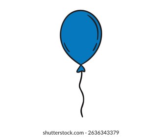 Blue cartoon one helium balloon or gel balloon flying doodle hand drawn icon. Outline line drawing clipart symbol. Vector illustration
