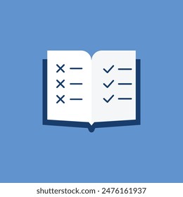blue cartoon open book like easy rules. flat modern simple doc logotype graphic design web check and cross element isolated on white. concept of online