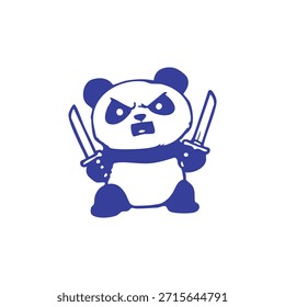 A blue cartoon panda, face contorted with anger, wielding two swords on white