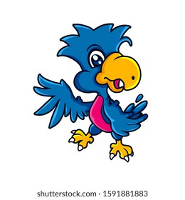 blue cartoon parrot bird opening right wing and look to the right. it can be used as mascot or logo