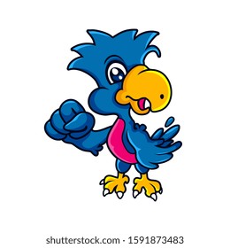 blue cartoon parrot stand with spirit and confident. it can be used as mascot or logo