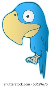 Blue cartoon parrot vector illustration, isolated, vertical