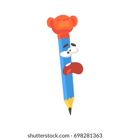 Blue cartoon pencil comic character screaming, humanized pencil with funny face vector Illustration