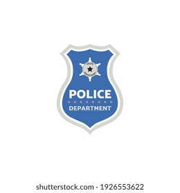 Blue cartoon police badge with sheriff star isolated on white background. Cartoon policeman emblem symbol in metal shield shape, vector illustration.
