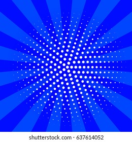 Blue cartoon pop art card, banner, flyer with rays with dots. Vector illustration of explosion, burst.