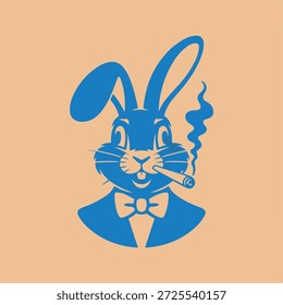 Conejo azul de la historieta con una pajarita y una pipa en un fondo del melocotón