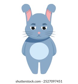 Blue cartoon rabbit looking sad with its ears drooping down and a grumpy facial expression