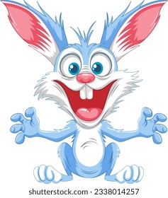 A blue cartoon rabbit with a scary smile jumps in a fit of panic