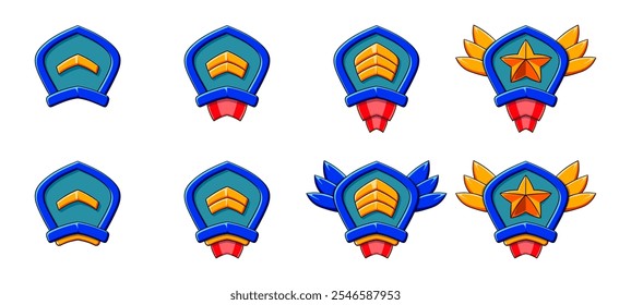 Blue cartoon rank patent level set. Patent, stars, wings, red ribbon. Progress game evolution.