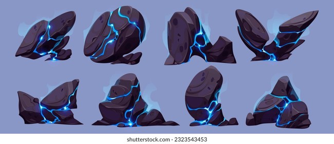 Blue cartoon rock boulder with smoke from glow crack set. Vector neon spark and mist texture in big granite broken stone element. Rough, heavy and cracked mysterious substance geology object design.