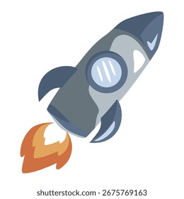 Blaue Cartoon-Rakete mit Feuerflamme im flachen Vektorstil. Ideal für Weltraumclipart, Tapeten und Wissenschaftsprojekte