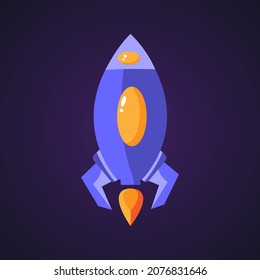 cohete azul de caricatura sobre fondo azul oscuro. Transporte espacial. Ilustración vectorial plana