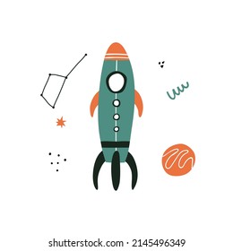 Blue Cartoon rocket poster with abstract shapes in hand drawn style. Perfect for t-shirt, apparel, cards, poster, nursery decoration. Isolated on white background vector