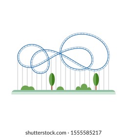 Blue cartoon rollercoaster with empty looping rail track - isolated roller coaster ride from amusement park standing on green park with trees - vector illustration