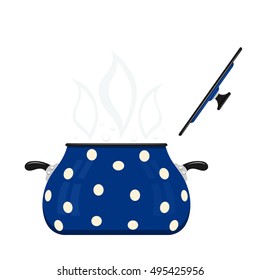 Blue cartoon saucepan with lid open on a white background. Kitchen utensils. Color image blue pots. Stock vector