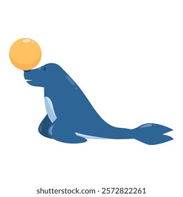 Blue cartoon seal balancing a yellow ball on its nose