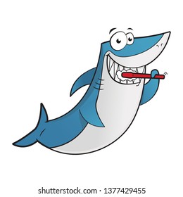 Blue Cartoon Shark Brushing Teeth