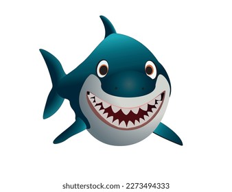 Blue cartoon shark with open mouth on a white background. Vector illustration, print for background, print on fabric, paper, wallpaper, packaging.	