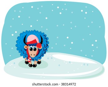 Blue cartoon sheep in hat on ice