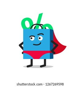 Blue cartoon shopping bag character standing in a superhero pose and wearing a red cape with red underpants