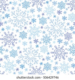 Blue cartoon snowflake seamless pattern on a white background. Hand-drawn doodle smiling snowflakes. Vector 10 EPS illustration.