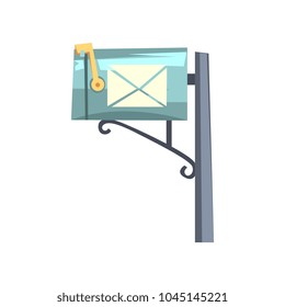 Blue cartoon style mailbox on gray pole. Colorful icon of metallic post box for letters and newspapers. Side view. Flat vector design for web site or mobile app