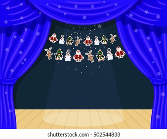 Blue Cartoon theater. Theater curtain with spotlights beam, stars and garlands . Open theater curtain. Blue silk side scenes on stage. Stock vector