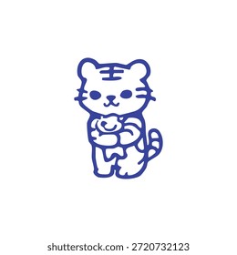 Ein blauer Cartoontiger, der ein Objekt auf weißem Hintergrund hält