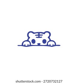 Un tigre de dibujos animados azul se asoma sobre una línea, con características simples y redondeadas
