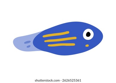 Blue Cartoon Tropical Fish Illustration. Flat vector illustration of a blue tropical fish with yellow stripe, large eye, and playful rounded shape. Isolated on white background in a clean cartoon styl