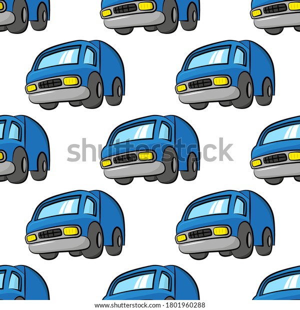 Blue cartoon trucks isolated on\
white background. Childish cute seamless pattern. Side and front\
views. Vector graphic flat hand drawn illustration.\
Texture.