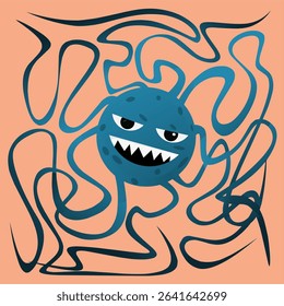 Blue Cartoon Virus with Tangled Background on Peach Backdrop