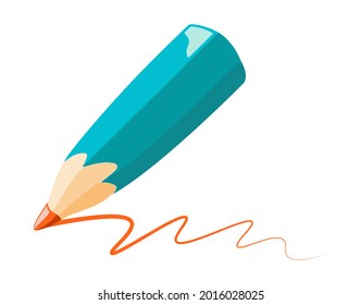 Blue cartoon volumetric pencil. Wooden object for writing and drawing. A stationery tool with a sharpened lead for creativity. Vector isolated 3d template icon on transparent background close-up.