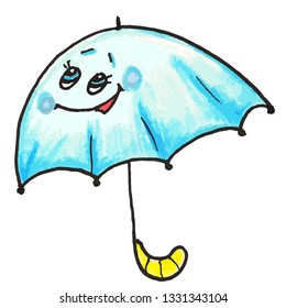 Blue cartoon watercolor cute funny vector smiling umbrella with a yellow pen which is glad to have good weather drawn in pencil and liners handdraw, T-shirt and fabric print, big eyes, isolated 