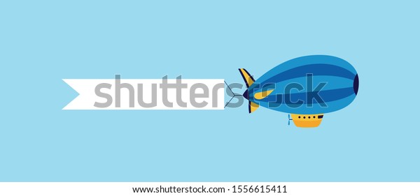 Blue cartoon zeppelin\
airship with white ribbon flag flying in the sky - cute colorful\
announcement banner with blank text template - isolated vector\
illustration
